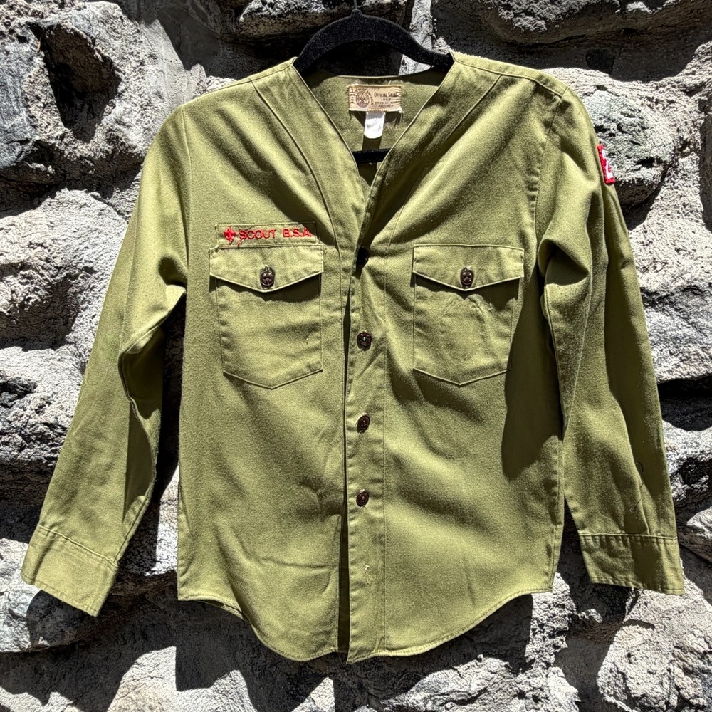 Vintage Boy Scouts of America Official Shirt Boys L Green BSA Long Sleeve 60s